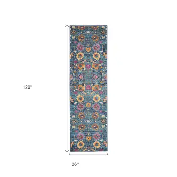 10' Blue And Orange Floral Distressed Runner Rug