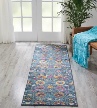 10' Blue And Orange Floral Distressed Runner Rug
