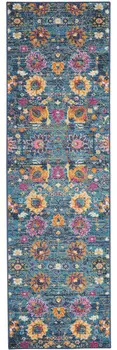 10' Blue And Orange Floral Distressed Runner Rug