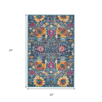 2' X 3' Blue And Orange Floral Distressed Area Rug