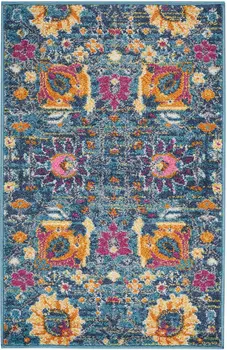 2' X 3' Blue And Orange Floral Distressed Area Rug