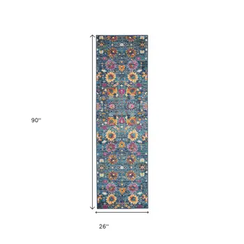 8' Blue And Orange Floral Distressed Runner Rug