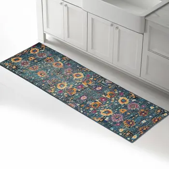 8' Blue And Orange Floral Distressed Runner Rug