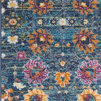 8' Blue And Orange Floral Distressed Runner Rug
