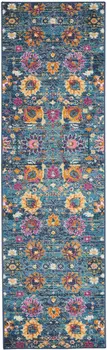 8' Blue And Orange Floral Distressed Runner Rug