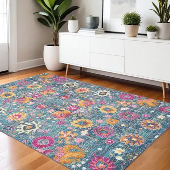4' X 6' Blue And Orange Floral Distressed Area Rug