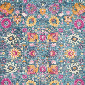 4' X 6' Blue And Orange Floral Distressed Area Rug