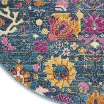 4' Blue And Orange Floral Distressed Round Rug