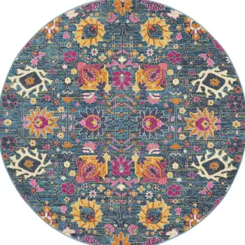 4' Blue And Orange Floral Distressed Round Rug
