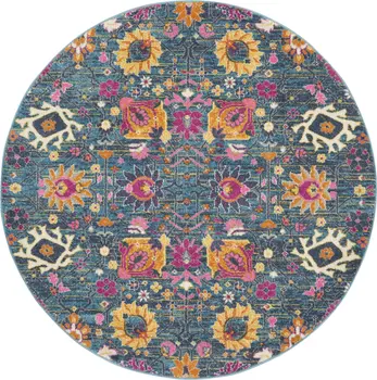 4' Blue And Orange Floral Distressed Round Rug