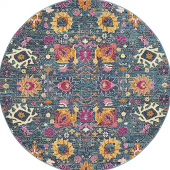 5' Blue And Orange Floral Distressed Round Rug