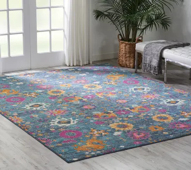 7' X 10' Blue And Orange Floral Distressed Area Rug