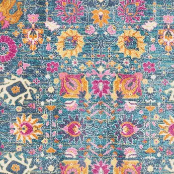 7' X 10' Blue And Orange Floral Distressed Area Rug