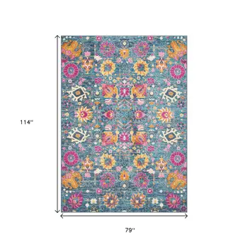 7' X 10' Blue And Orange Floral Distressed Area Rug