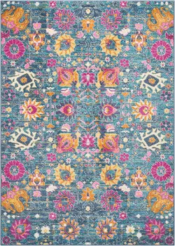 7' X 10' Blue And Orange Floral Distressed Area Rug