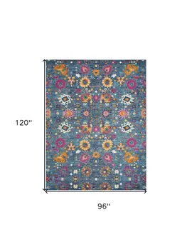 8' X 10' Blue And Orange Floral Distressed Area Rug