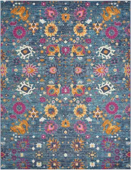 8' X 10' Blue And Orange Floral Distressed Area Rug