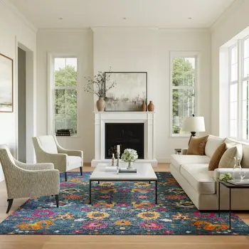8' X 10' Blue And Orange Floral Distressed Area Rug