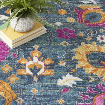 8' X 10' Blue And Orange Floral Distressed Area Rug