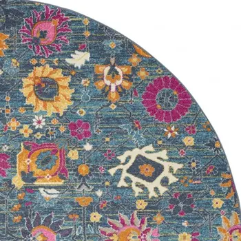 8' Blue And Orange Floral Distressed Round Rug