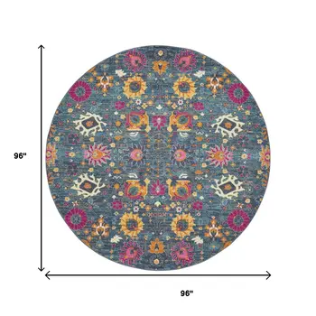 8' Blue And Orange Floral Distressed Round Rug