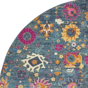 8' Blue And Orange Floral Distressed Round Rug
