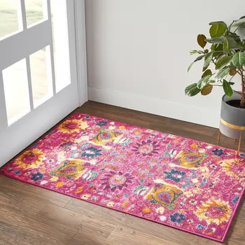 2' X 3' Fuchsia And Orange Floral Distressed Area Rug