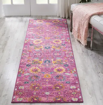8' Fuchsia And Orange Floral Distressed Runner Rug