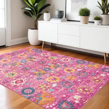 4' X 6' Fuchsia And Orange Floral Distressed Area Rug