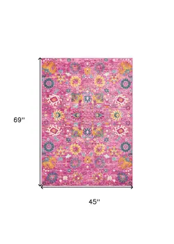 4' X 6' Fuchsia And Orange Floral Distressed Area Rug