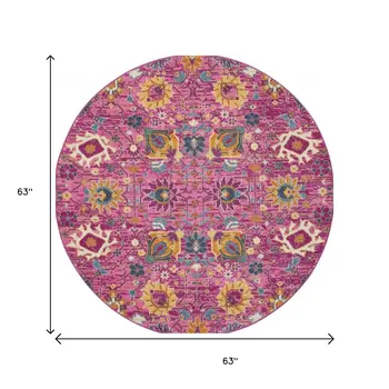 5' Fuchsia And Orange Floral Distressed Round Rug