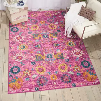 7' X 10' Fuchsia And Orange Floral Distressed Area Rug