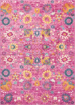 7' X 10' Fuchsia And Orange Floral Distressed Area Rug
