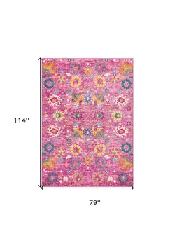 7' X 10' Fuchsia And Orange Floral Distressed Area Rug