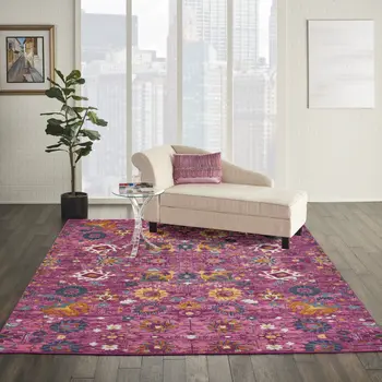 8' X 10' Fuchsia And Orange Floral Distressed Area Rug