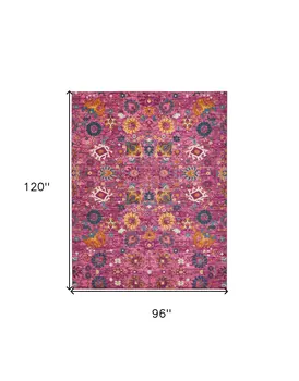 8' X 10' Fuchsia And Orange Floral Distressed Area Rug