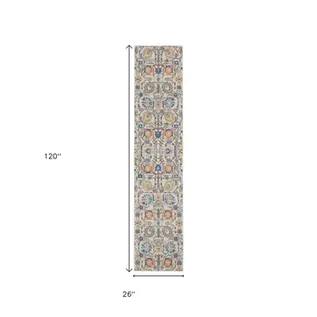 10' Ivory And Blue Floral Runner Rug