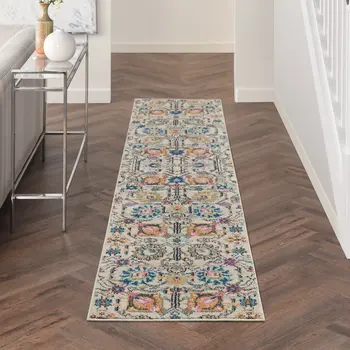 10' Ivory And Blue Floral Runner Rug