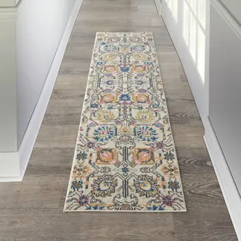 8' Ivory And Blue Floral Runner Rug