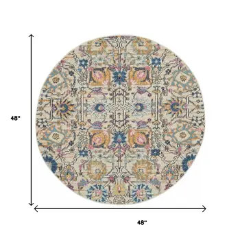 4' Ivory And Blue Floral Round Rug