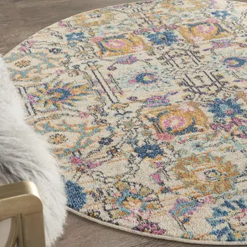 5' Ivory And Blue Floral Round Rug