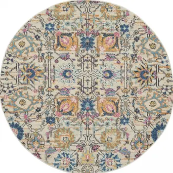 5' Ivory And Blue Floral Round Rug