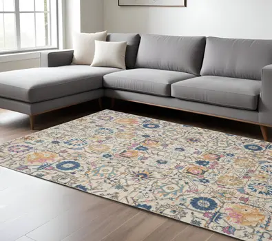 7' X 10' Ivory And Blue Floral Area Rug