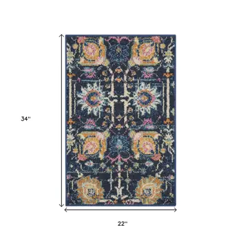 2' X 3' Navy Blue Yellow And Pink Floral Area Rug