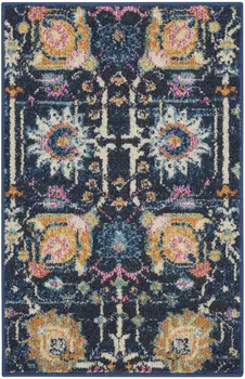 2' X 3' Navy Blue Yellow And Pink Floral Area Rug