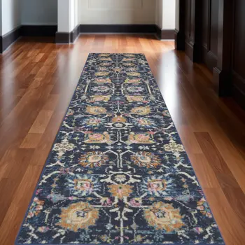10' Navy Blue Yellow And Pink Floral Runner Rug