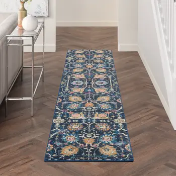 10' Navy Blue Yellow And Pink Floral Runner Rug