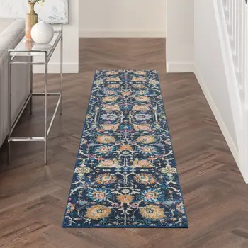 10' Navy Blue Yellow And Pink Floral Runner Rug