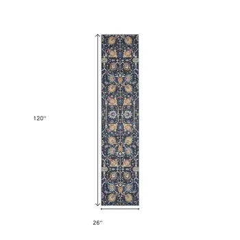 10' Navy Blue Yellow And Pink Floral Runner Rug