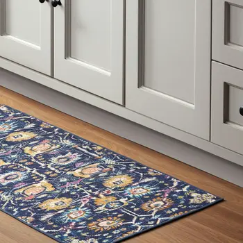 8' Navy Blue Yellow And Pink Floral Runner Rug